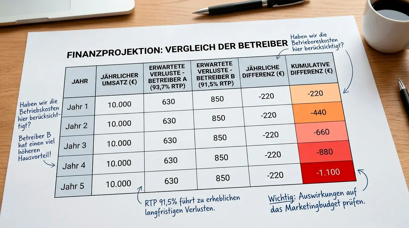 Langzeitrendite-Kalkulation für Motorsport-Wetter: Unterschied zwischen 93,7 % und 91,5 % RTP über 500 Wetten