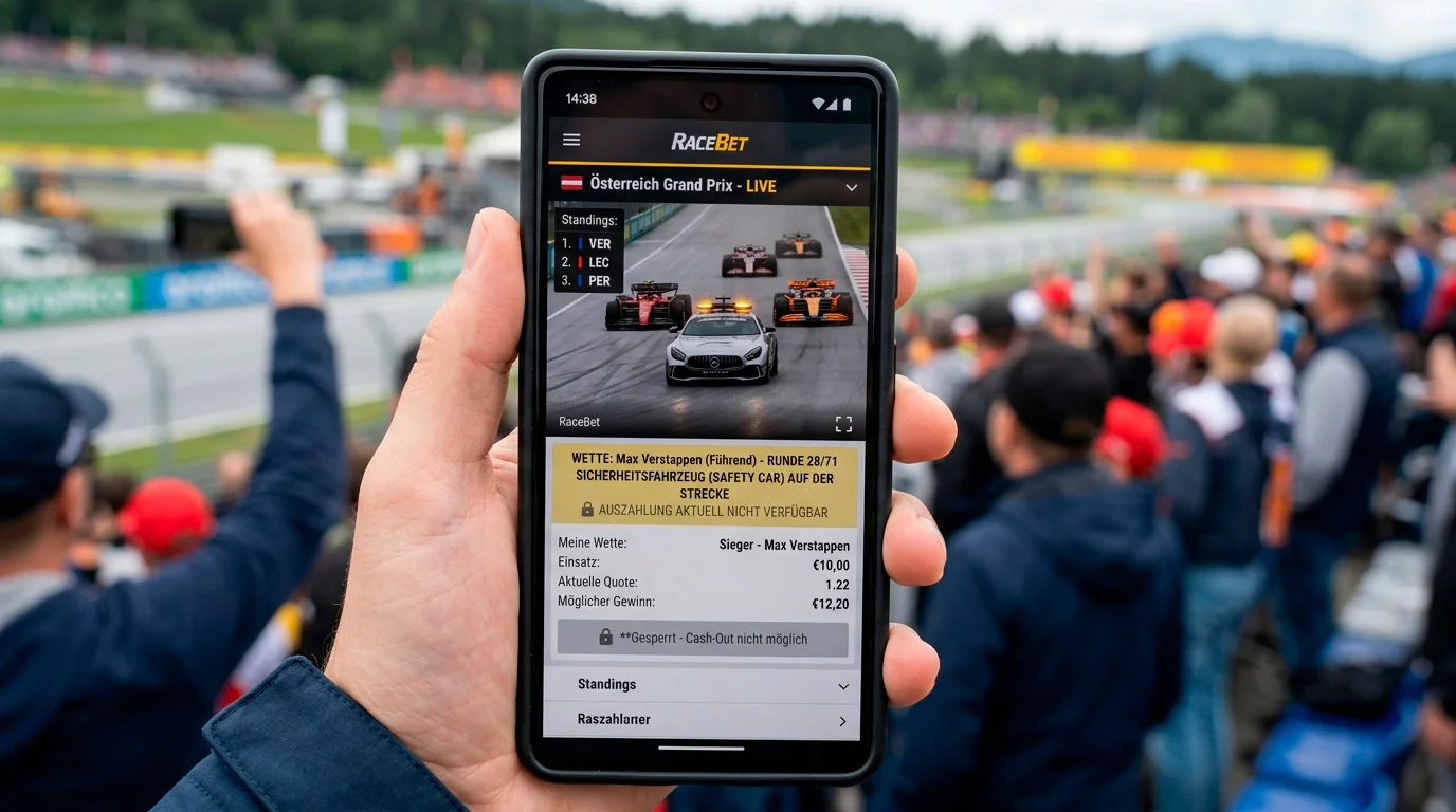 Cash-Out gesperrt während eines F1-Safety-Car-Einsatzes — typische Sperrsituation bei Motorsport-Livewetten
