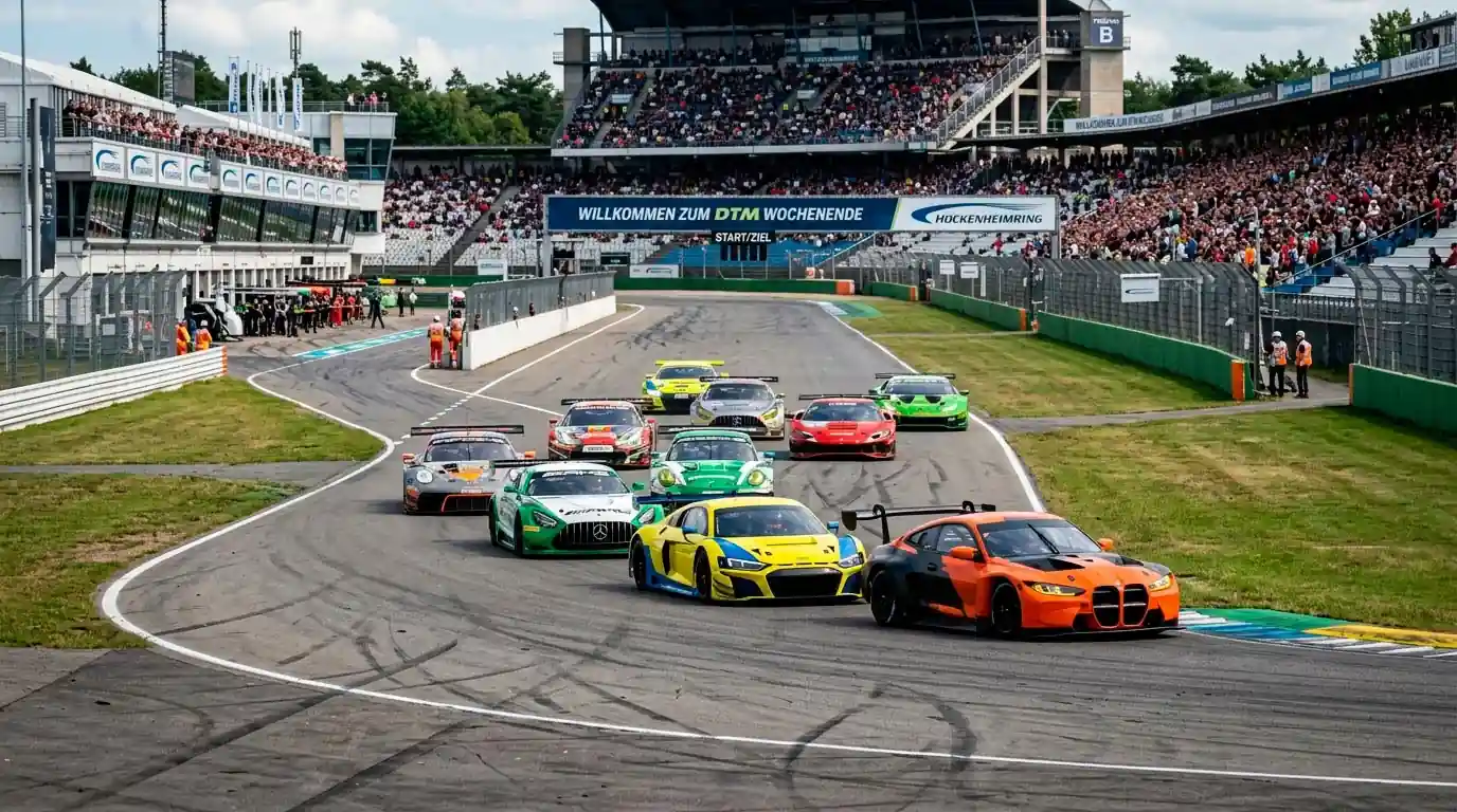 DTM-Tourenwagenrennen 2026 mit mehreren GT3-Fahrzeugen in enger Formation