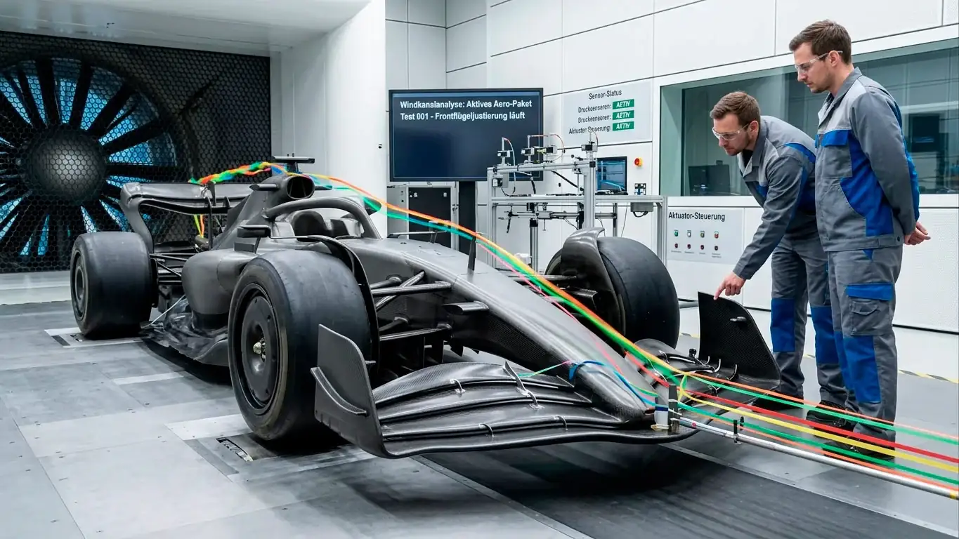 F1-Auto im Windkanal mit verstellbarem Frontflügel und neuem Unterboden