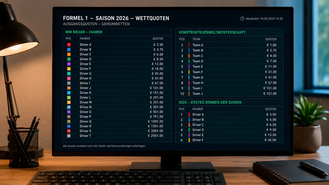 Quotenübersicht zur F1-Saison 2026 mit Favoriten und Außenseitern