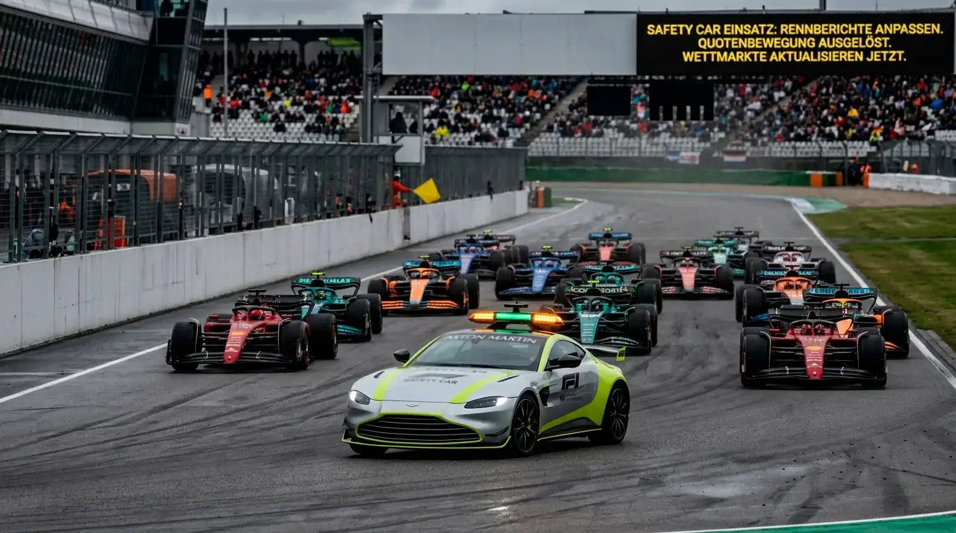 Algorithmus-Reaktion auf Safety-Car-Einsatz bei F1-Livequoten — Zeitfenster für Wetter visualisiert