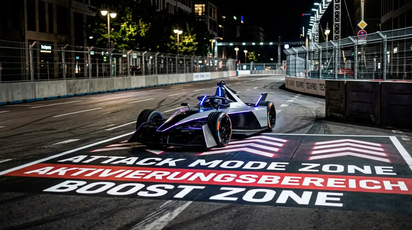 Formel-E-Fahrzeug aktiviert den Attack Mode auf einem Stadtkurs — zentraler taktischer Faktor für Livewetten