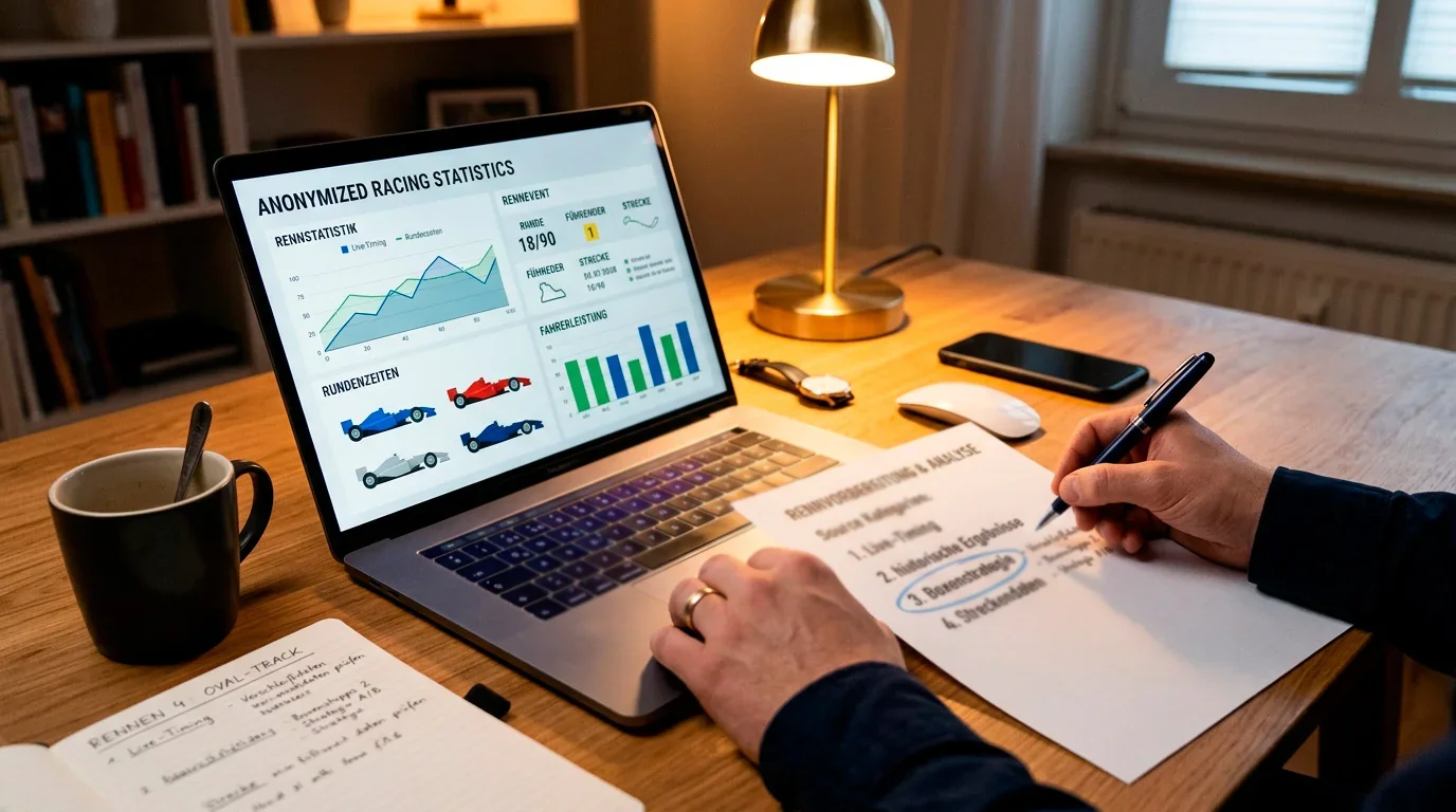 Recherchearbeitsplatz mit Statistiken, Timing-Daten und Notizen zu IndyCar-Wetten