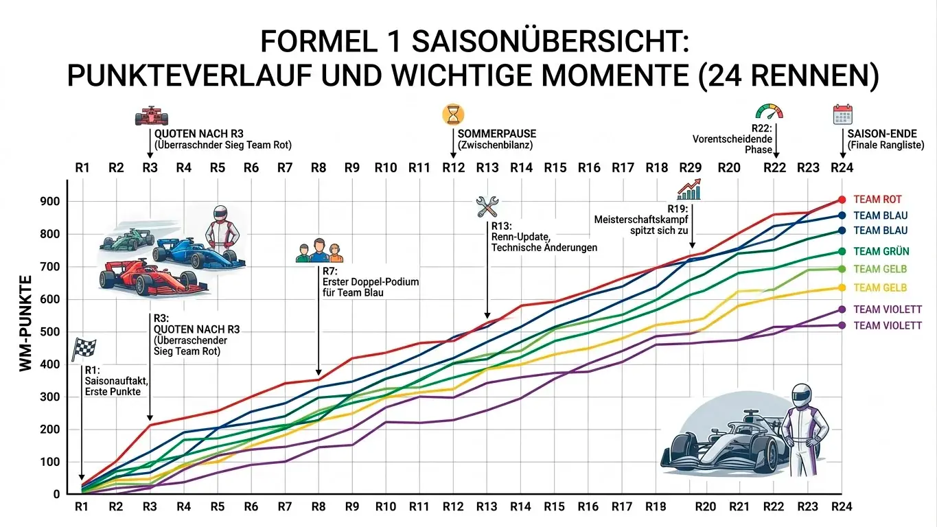 Konstrukteurs-WM-Quoten Formel 1 im saisonalen Verlauf — Quotenbewegung von Pre-Season bis Mid-Season