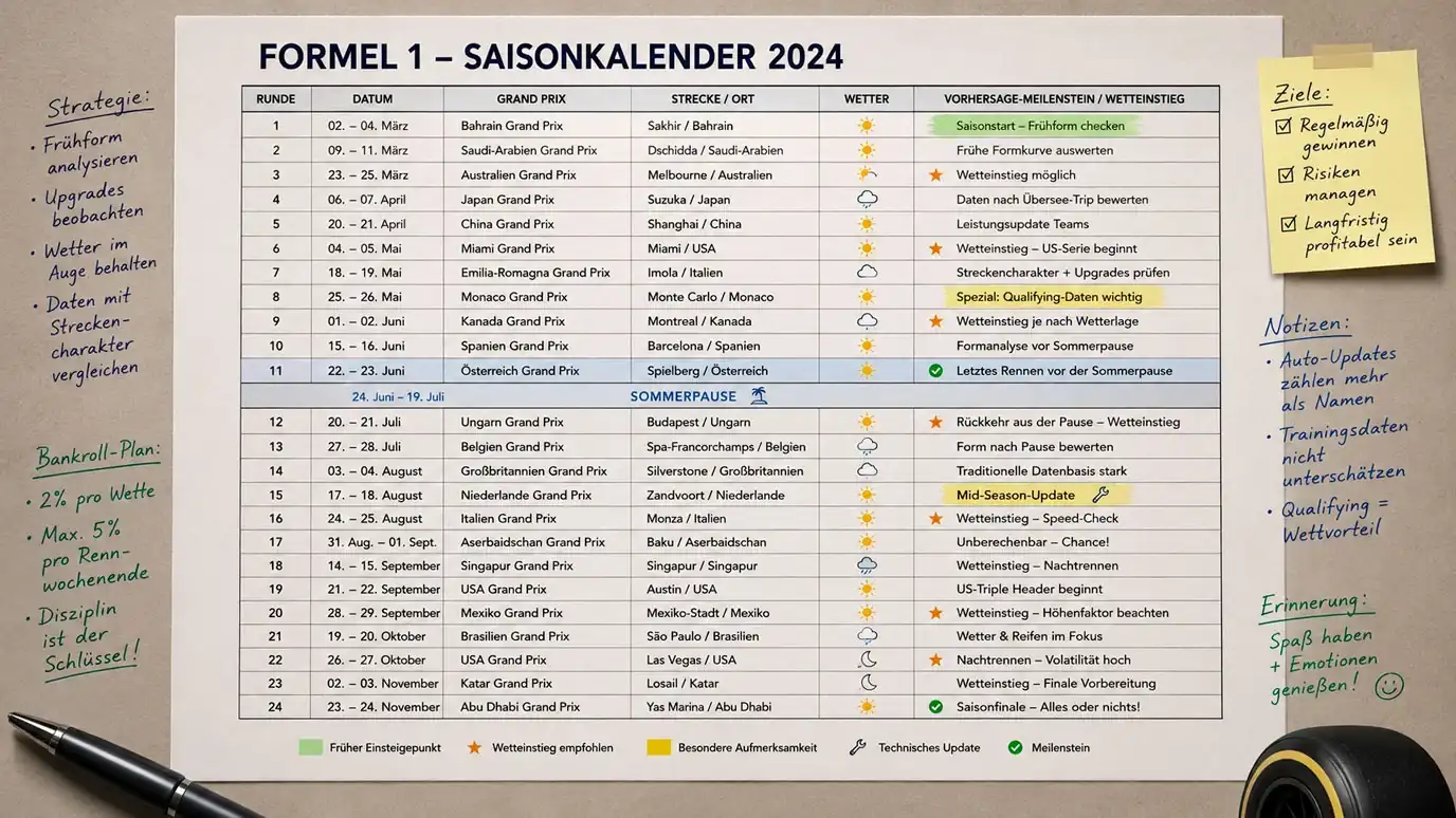 Saisonverlauf der Konstrukteurs-WM-Quoten F1 — Wendepunkte und Quotenphasen über 24 Rennen