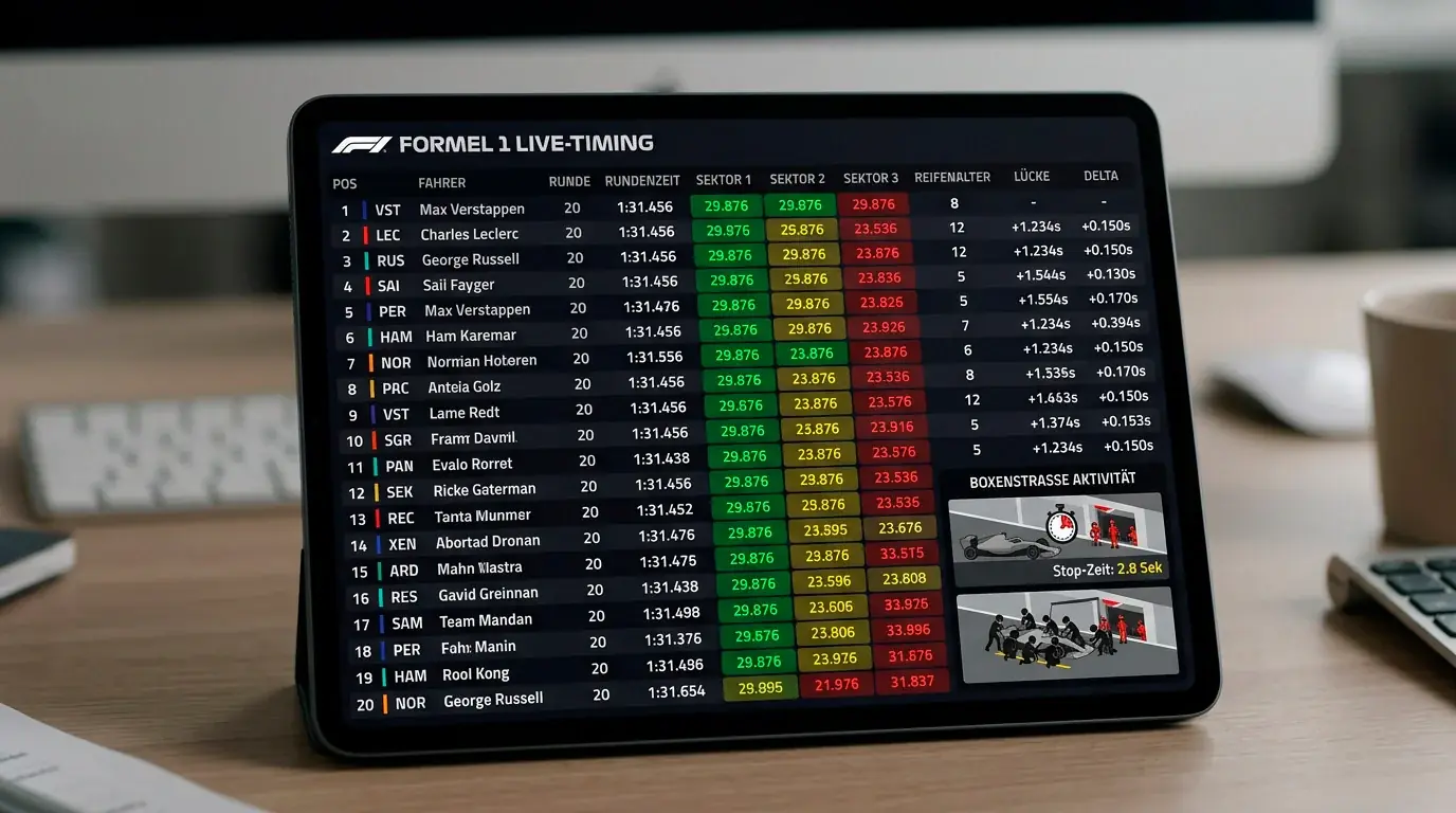 F1 App Live-Timing-Dashboard mit Sektor-Splits und Reifenzustand aller Fahrer während eines Grand Prix