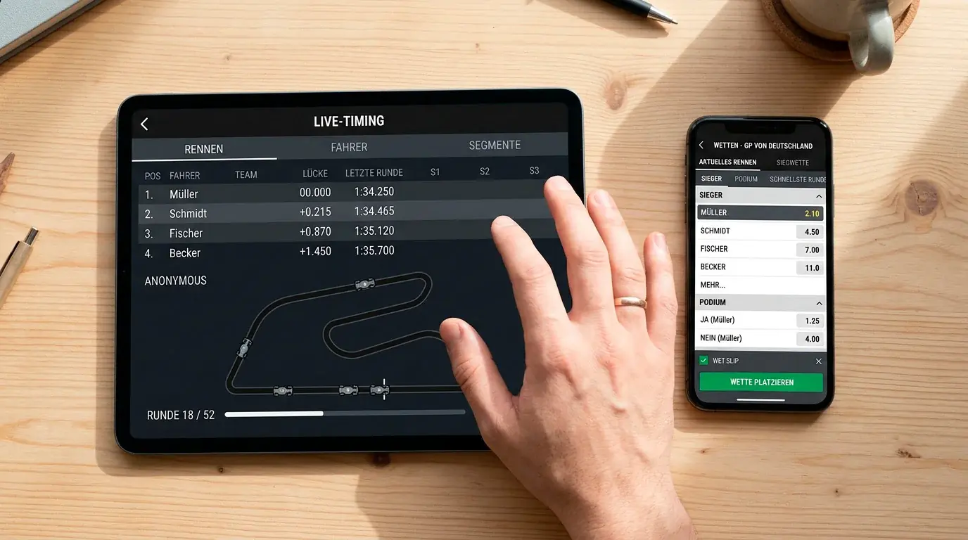 Zwei-Geräte-Setup mit Live-Timing-App auf Tablet und Motorsport-Wettplattform auf Smartphone parallel genutzt