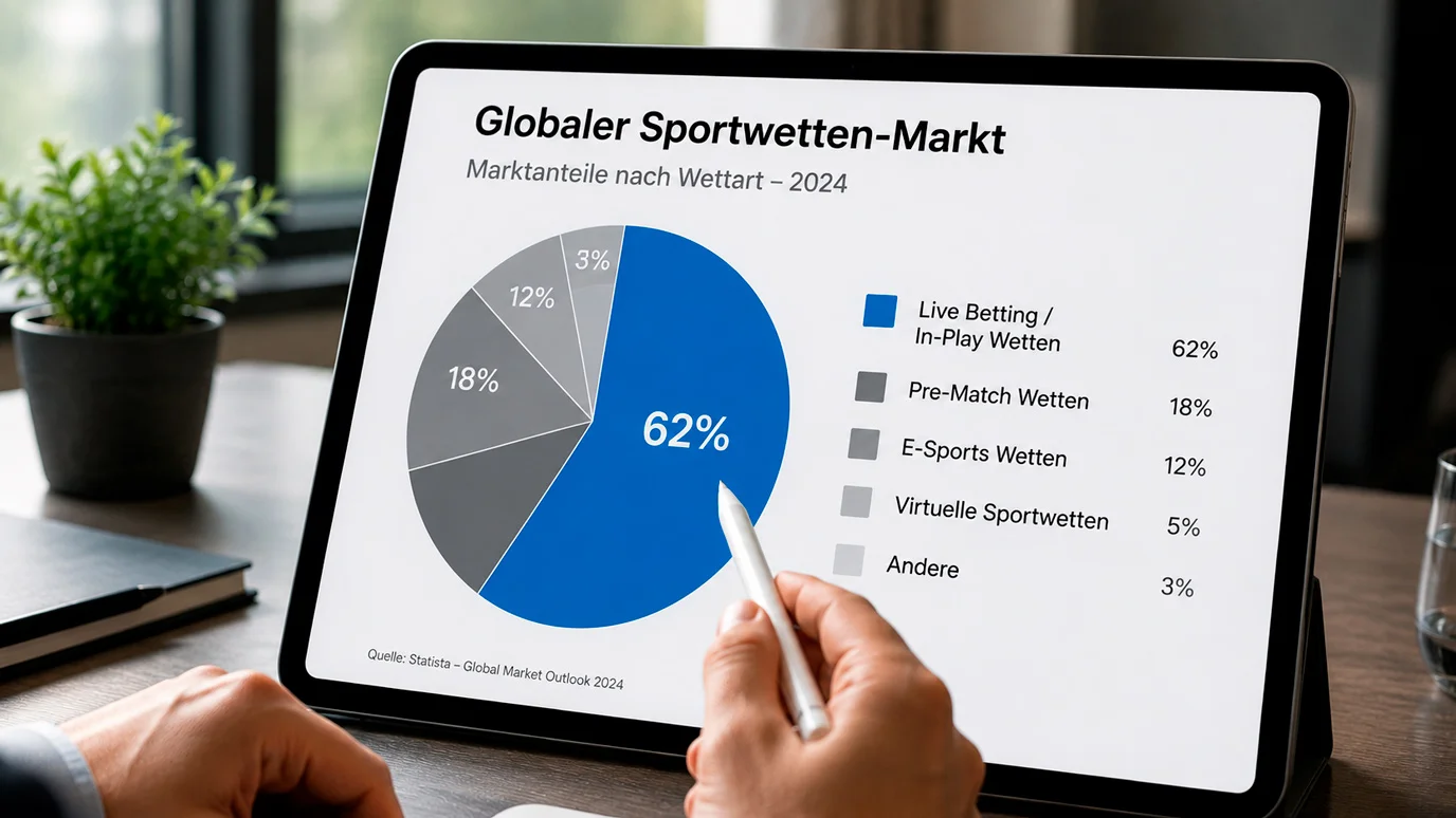 Globaler Marktanteil von Livewetten im Sportwettenmarkt — über 60 Prozent des Umsatzes entfallen auf In-Play-Wetten