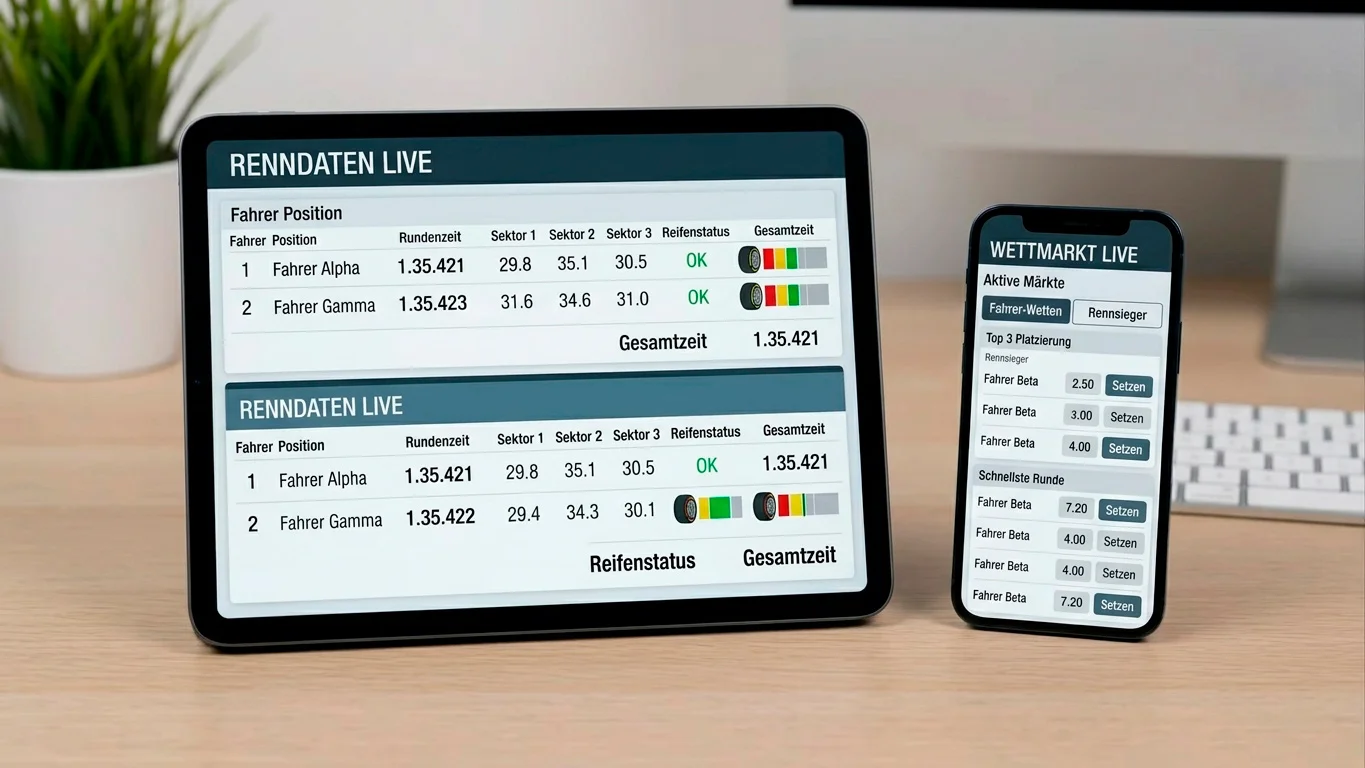 Sektorzeiten und Reifendaten neben mobilen Livequoten für ein Motorsport-Rennen