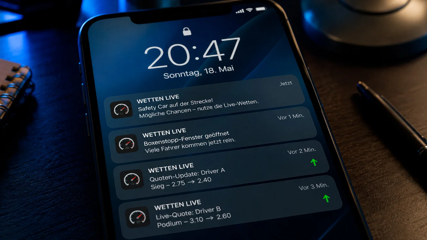 Quoten-Alarm für ein Motorsport-Rennen als Push-Nachricht auf dem Sperrbildschirm