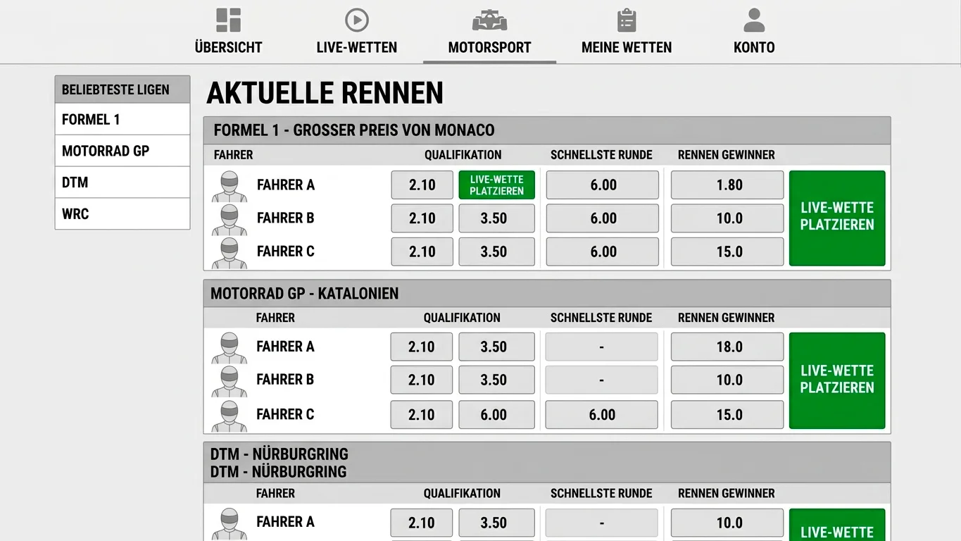 Motorsport-Wettapp mit klarer Navigation für schnelle Livewetten
