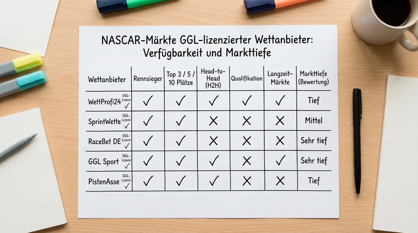 GGL-lizenzierte Anbieter für NASCAR-Wetten in Deutschland mit unterschiedlicher Markttiefe und Verfügbarkeit