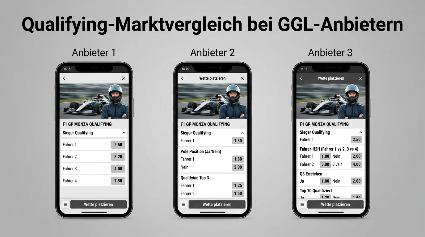 GGL-Anbieter Markttiefe für F1-Qualifying-Wetten: Pole-Position und H2H-Vergleich bei mehreren Buchmachers