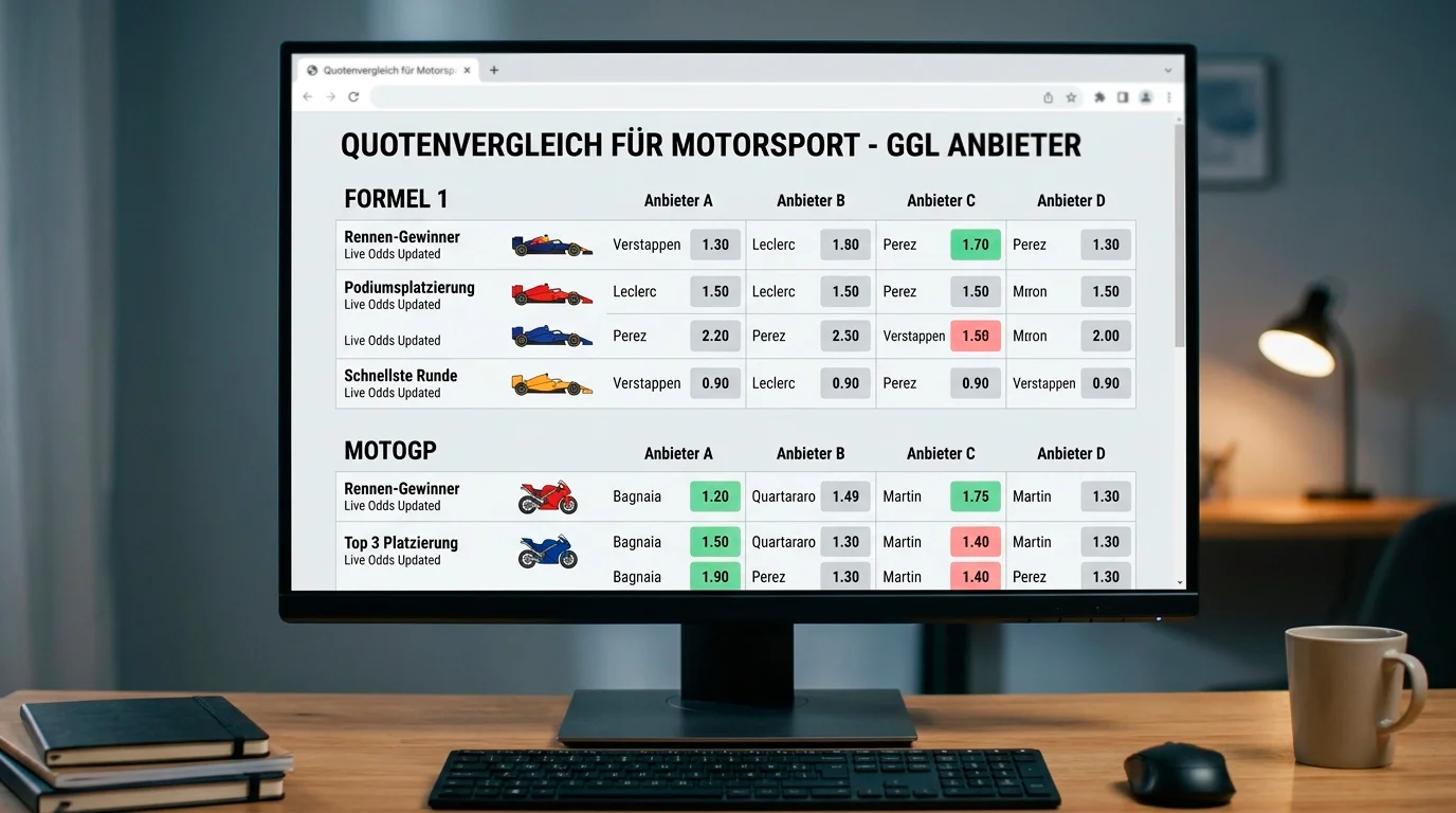 Quotenvergleichs-Tool im Browser zeigt F1-Wettquoten mehrerer GGL-Anbieter für denselben Wettmarkt nebeneinander