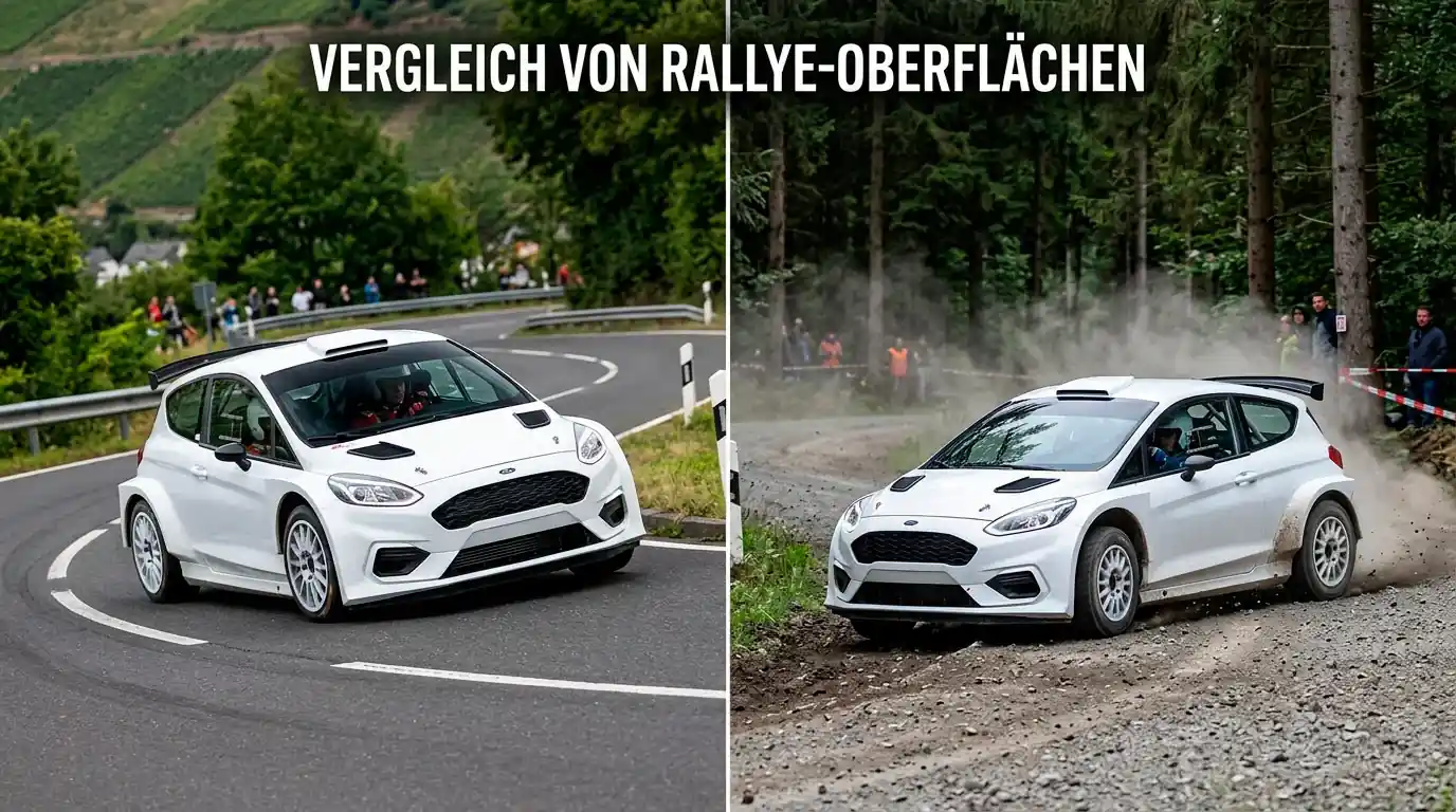 WRC-Fahrzeug auf Asphalt versus Schotter — Untergrundanalyse als zentraler strategischer Vorteil für Wetter