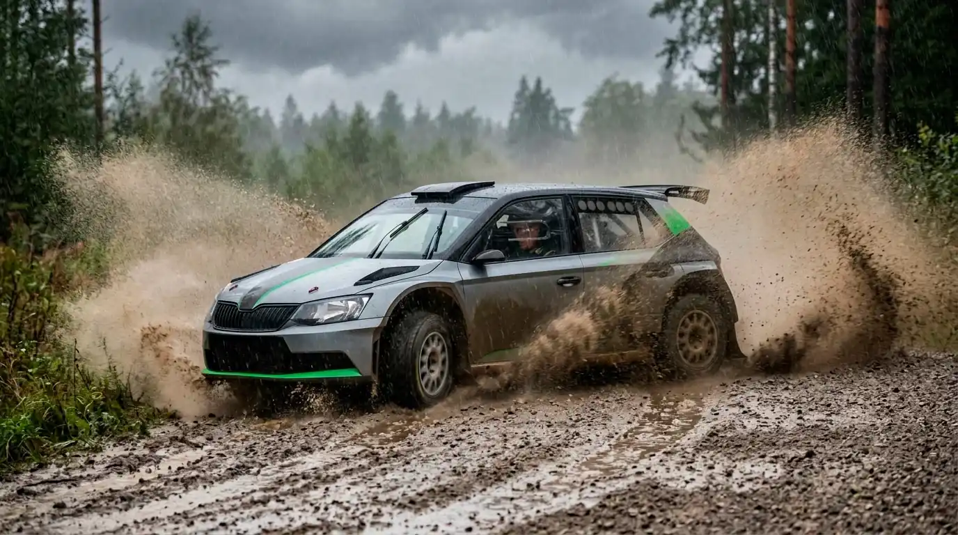 WRC-Rallye im Regen auf Schotterpiste — Witterungseinfluss auf Fahrzeugperformance und Wettquoten