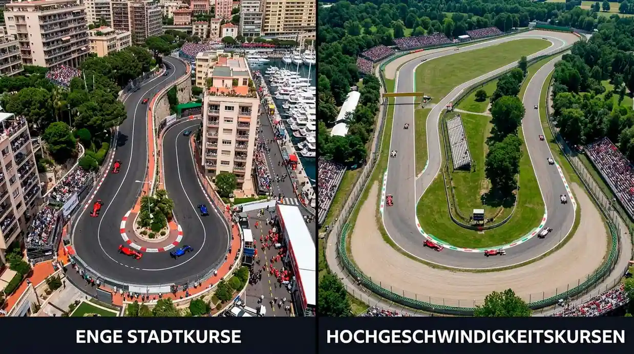 Streckencharakter und Safety-Car-Wahrscheinlichkeit bei F1 — enge Stadtkurse vs. schnelle Hochgeschwindigkeitsstrecken