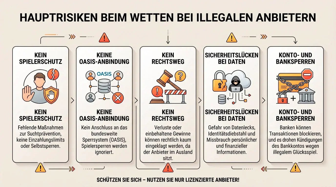 Risiken für Wetter bei illegalen Anbietern — fehlender Spielerschutz, kein Rechtsweg, keine OASIS-Anbindung