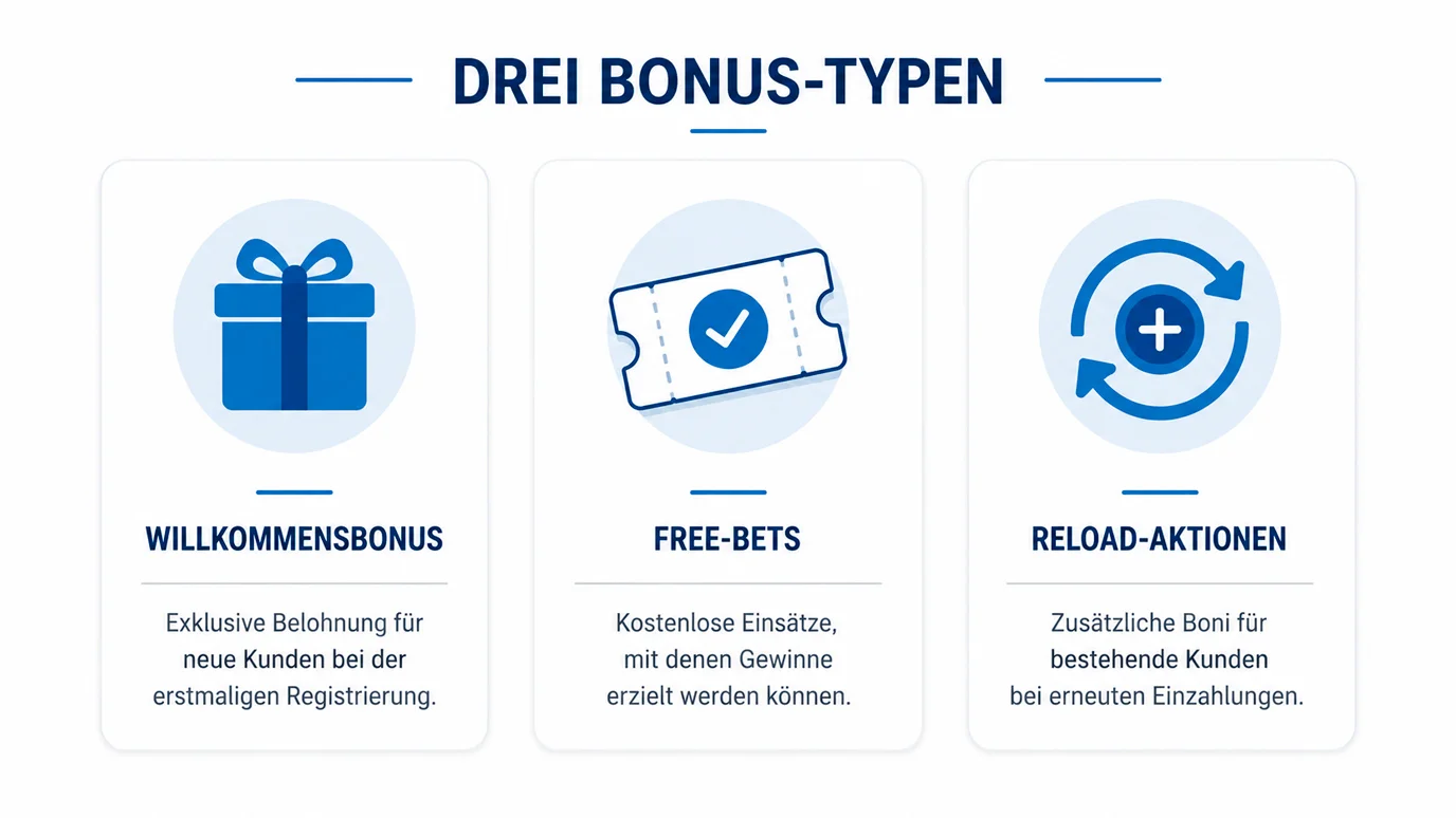 Übersicht der Bonustypen bei GGL-lizenzierten Motorsport-Wettanbietern: Willkommensbonus, Free-Bet und Reload-Aktion