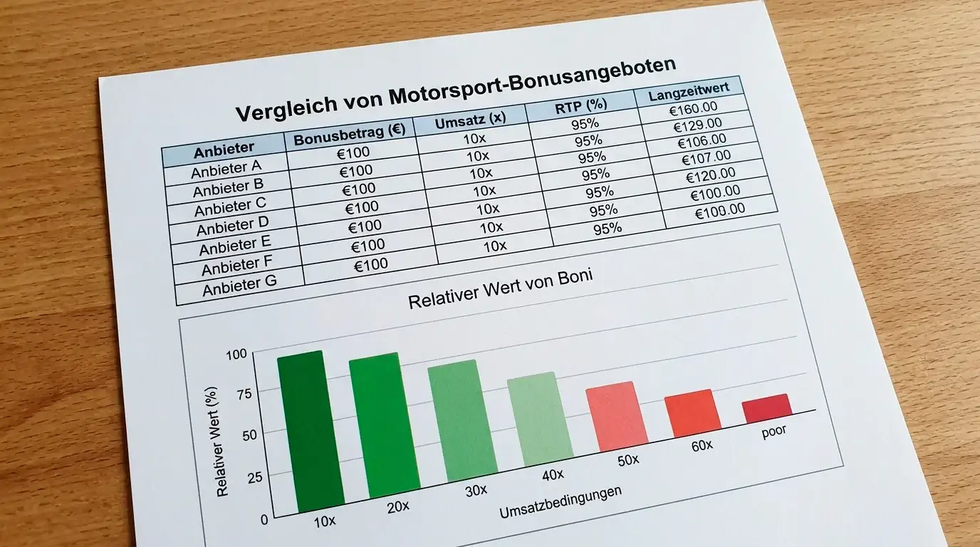 Langzeitwert-Vergleich verschiedener Motorsport-Bonusangebote bei GGL-Anbietern nach Rollover-Berechnung