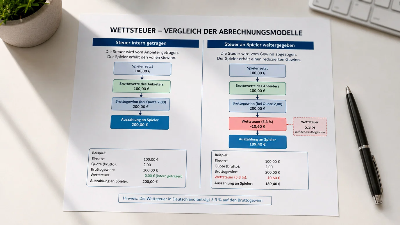 Vergleich der Steuermodelle bei deutschen Sportwettenanbietern intern getragen versus an Spieler weitergegeben